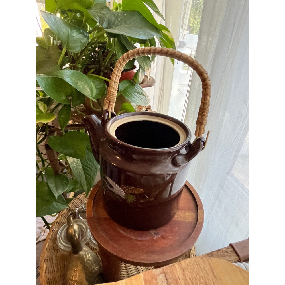 Vintage Japanese Crane Teapot - Brown Ceramic with Gold Accents & Rattan Handle - Picture 13 of 15